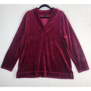 Talbots Women's XL Pullover Sweater Burgundy Velvet Velour V-Neck Cotton Blend
